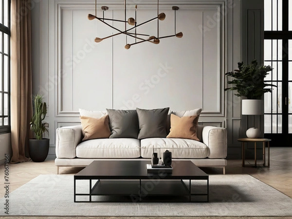 Obraz living room interior mockup, modern furniture and decorative arch with trendy dried flowers with white sofa and armchair on the White Background