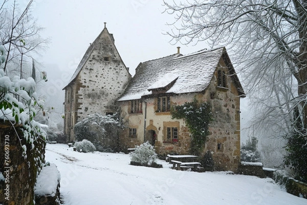 Obraz medieval house and snowy weather