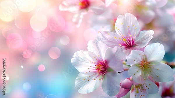 Fototapeta blossoming cherry blossoms with detailed background elements and bokeh