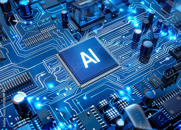 Obraz High-tech chip on complex printed-circuit board - AI concept