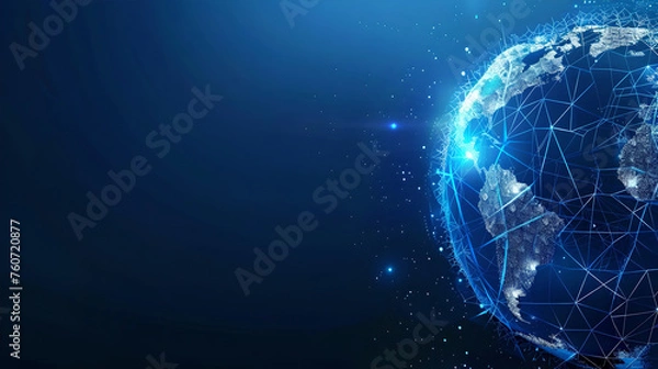 Fototapeta Lines & dots digital connected world: Globe with connected data & information network  - concept for IT, technology, global trade, international telecommunication, high speed exchange, blue background