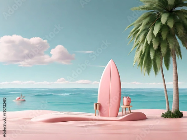 Fototapeta Summer vacation beach with Minimal Surfboard, island, background concept, Realistic Display for Product mock-up or Cosmetics with summer pink theme. minimal cute design. 3d rendering