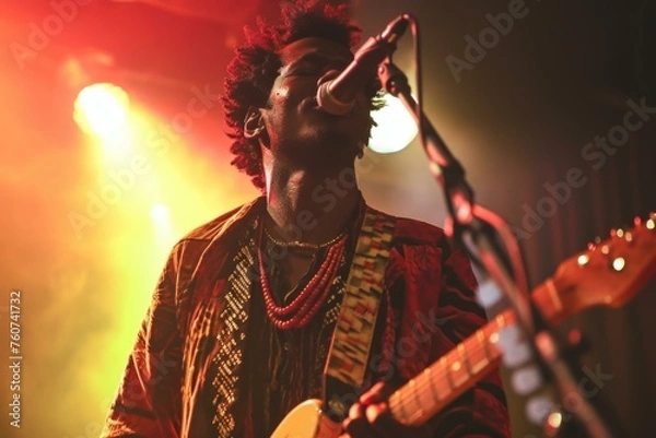 Fototapeta Energetic Afroamerican man concert performance. Song vocal. Generate Ai
