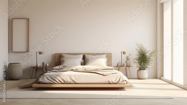 Obraz Digital mockup of a minimal muted bedroom space  AI generated illustration