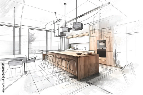Obraz Hand drawn color sketch of modern luxury kitchen interior with panoramic window Interior design concept
