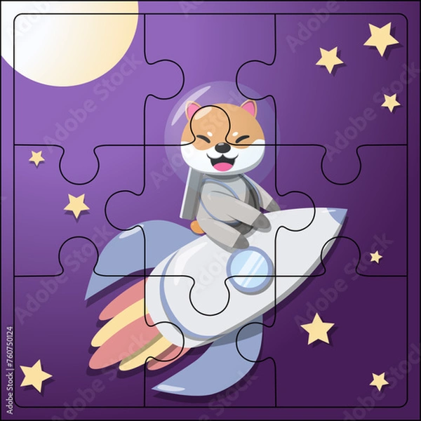 Obraz A cute astronaut dog in a space suit flying on a rocket. Exploring the galaxy with planets, stars and the moon. Puzzle for children, cartoon vector pattern.