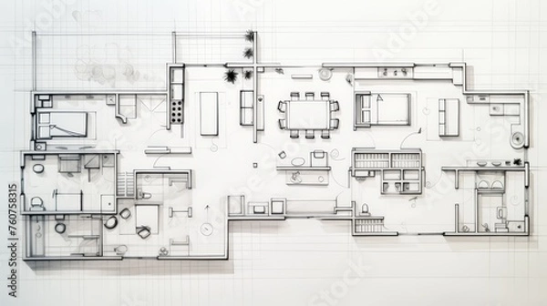 Fototapeta Subdued line drawing of a minimalist apartment floor plan  AI generated illustration
