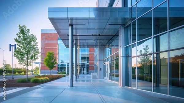 Fototapeta Modern Hospital Architecture, facade of a contemporary hospital building with sleek glass and metal features in the warm light of dawn