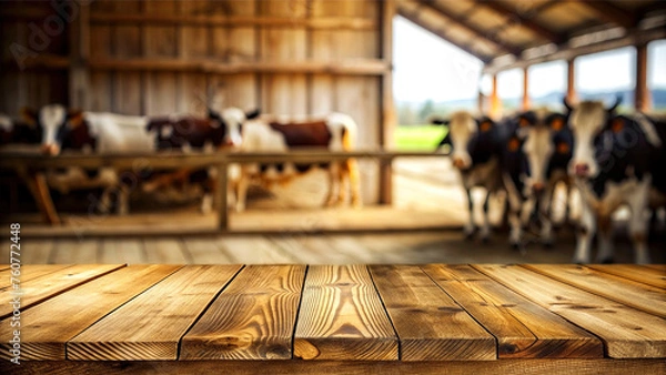 Obraz Wooden table with blurred barn background
