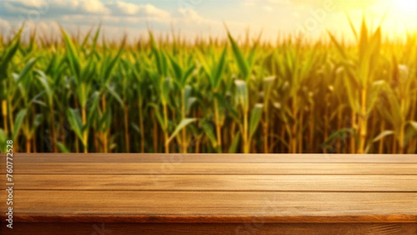 Obraz Wooden table with blurred corn field background