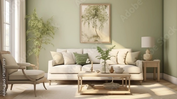 Fototapeta Light Green and Beige Infuse your space with a natural and calming vibe using light green walls and beige furnishings.