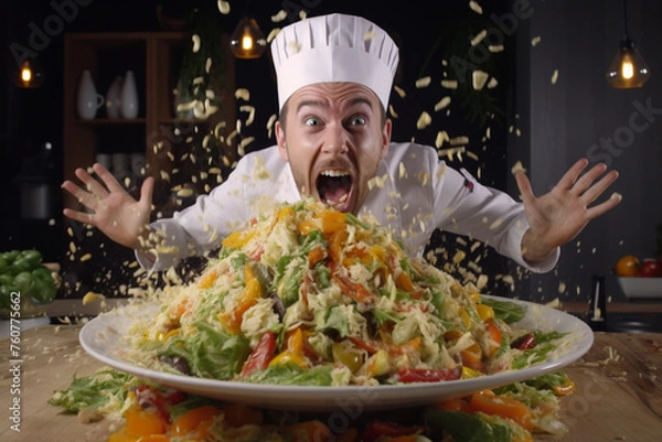 Fototapeta Crazy cheerful chef makes and prepares salad. AI generated.