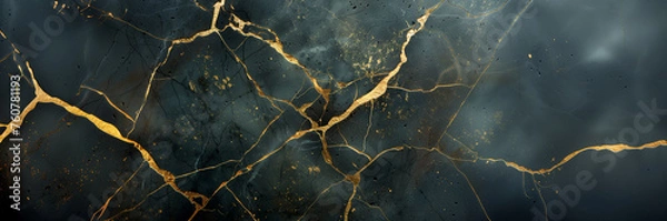 Fototapeta Black marble surface with gold kintsugi pattern,  Kintsukuroi japanese traditional Kintsugi background 