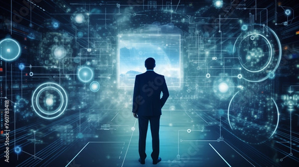 Fototapeta businessman pushing virtual button on digital screen