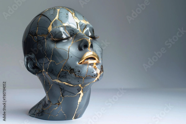 Obraz Concept of psichological help with challenges. A white marble sculpture restored with japanese Kintsugi technique. The  beauty of imperfections, wabi sabi principle. A lot of space for copy text