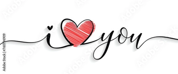 Fototapeta I love you Typography. Hand drawn modern vector calligraphy with brush stroke. Simple inscription with swashes wavy lettering text. Happy Valentines Day greeting card and Social Media Cover