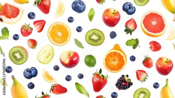 Fototapeta Fruits seamless pattern. Fruits floating in the air isolated on white background.