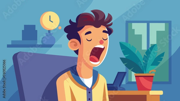 Fototapeta Tired Man Yawning at Desk in Office Setting