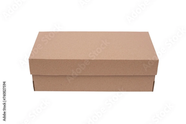 Fototapeta Cardboard closed box of brown color without inscriptions and printing. Shoe box made of corrugated cardboard on a white background, isolated