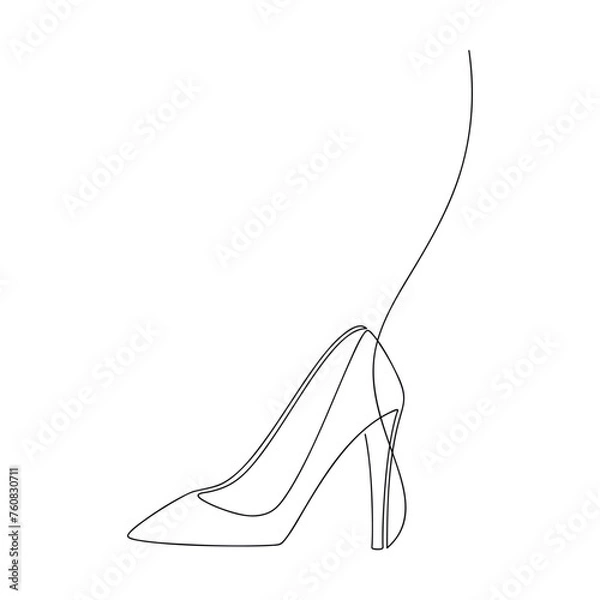 Fototapeta One high heels shoe pumps line continuous drawing vector illustration. Hand drawn linear silhouette icon. Fashion design, showcase print, shop banner, card, wall art poster, footwear store brochure.