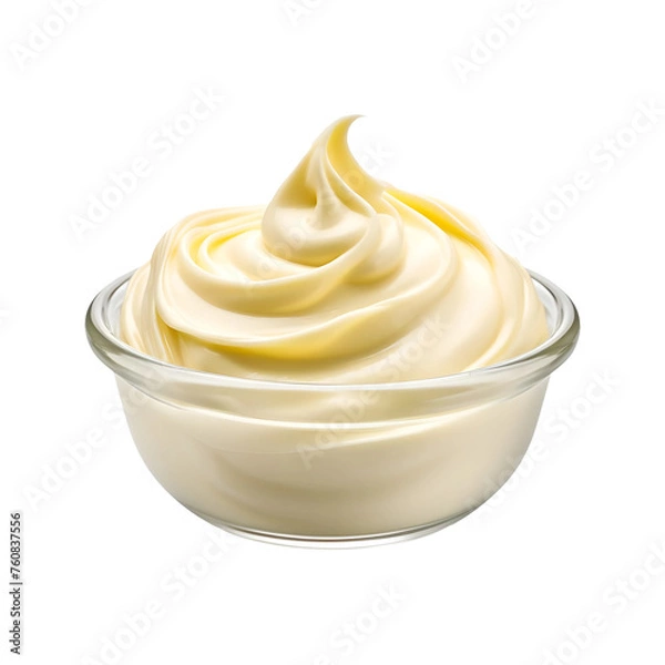 Obraz White Mayonnaise Cream in glass bowl isolated on transparent background, PNG Object