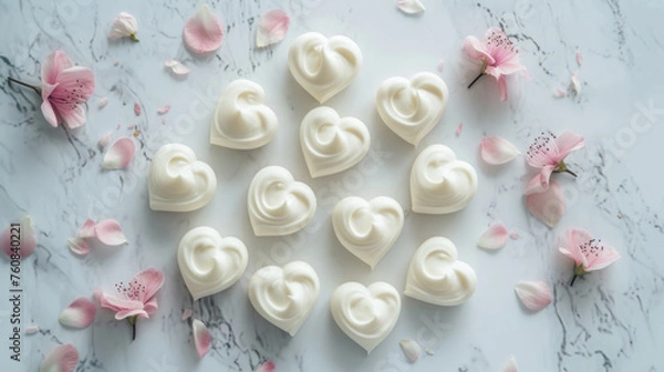 Fototapeta Top view of natural yogurt or cosmetic cream in the shape of hearts surrounded by pink flowers on white marble surface.. Love, Romance and Valentine  Theme Background. Romantic and Elegant Backdrop