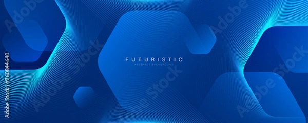 Obraz Nowoczesne abstrakcyjne niebieskie tło ze świecącymi liniami geometrycznymi. Niebieski gradientowy kształt sześciokąta. Futurystyczna koncepcja technologii. Garnitur na baner, broszurę, naukę, stronę internetową, firmę, plakat, okładkę