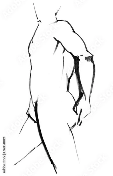 Fototapeta training sketch of standing male nude model from side with his hands behind his back, hand-drawn by black felt-tip pen on white paper