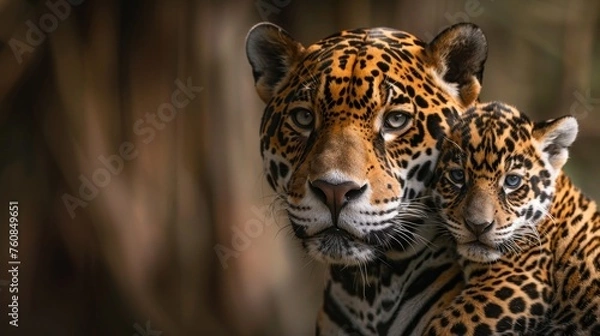 Fototapeta Male jaguar and cub portrait with space for text, object on right side, ideal for adding captions