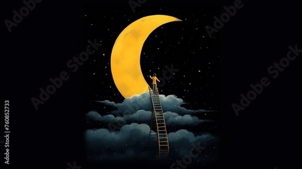 Fototapeta Conceptual image with ladder leading to the moon in night sky