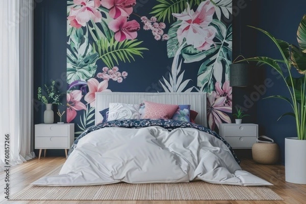 Fototapeta A bedroom with a floral wallpaper and a white bed. The bed is covered with a white comforter and pillows