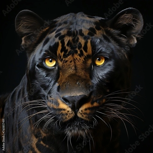 Fototapeta An image of a black leopard with yellow eyes