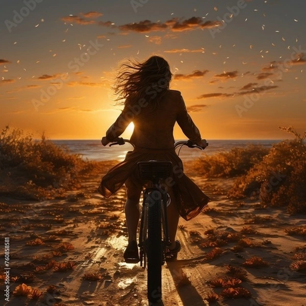 Fototapeta A woman with a bicycle on the beach at sunset