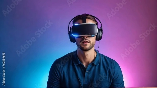 Fototapeta Augmented reality, science, future technology concept. VR. Futuristic 3d glasses with virtual projection. Neon light.