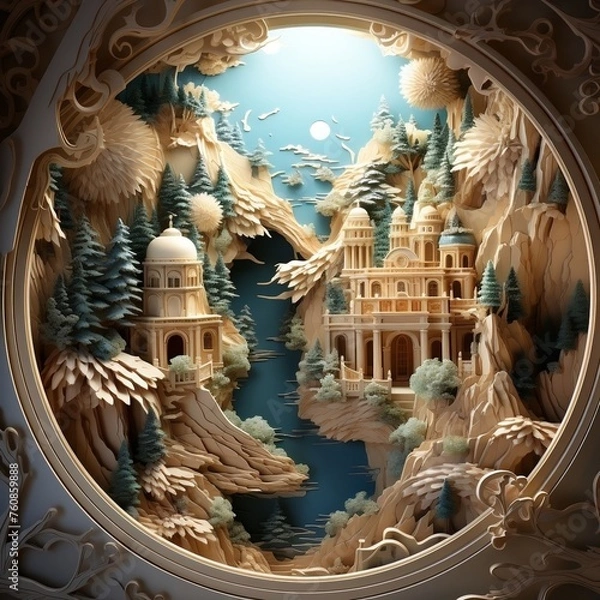 Obraz An intricately carved paper sculpture of a temple located inside a mountain frame