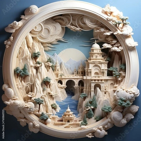 Obraz An intricately carved paper sculpture of a temple located inside a mountain frame