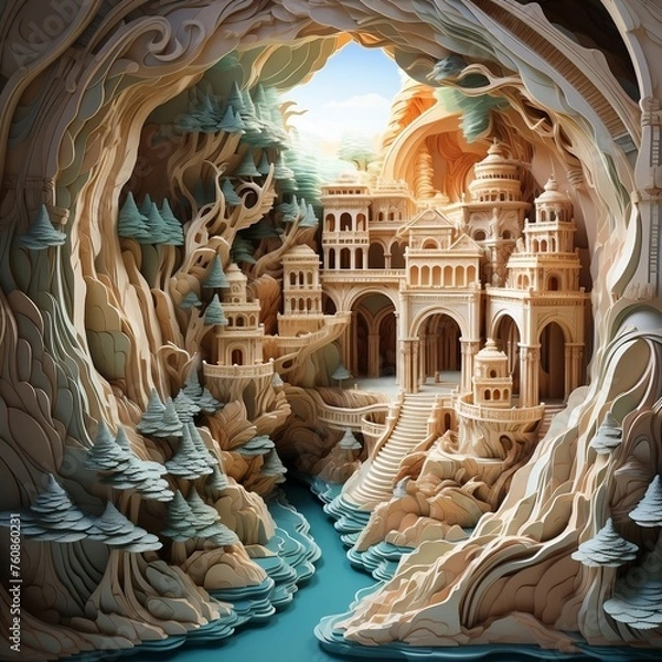 Obraz An intricately carved paper sculpture of a temple located inside a mountain frame