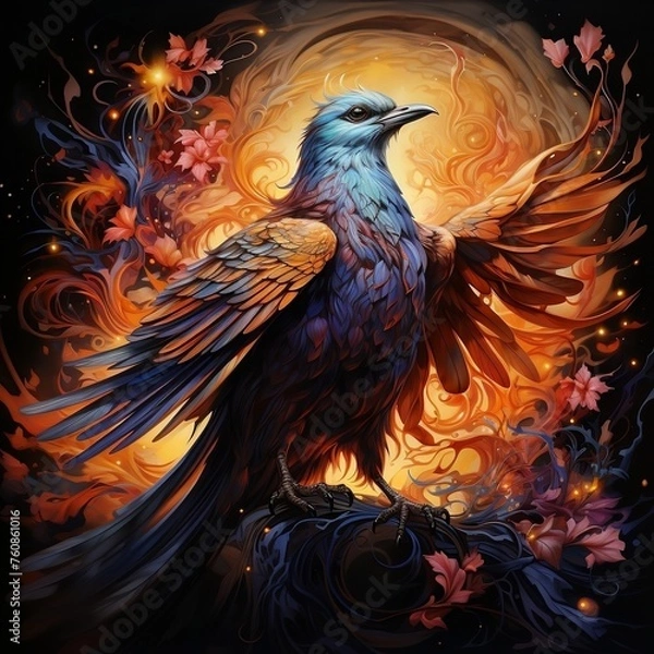 Obraz An oil painting of a colorful bird with a fiery tail
