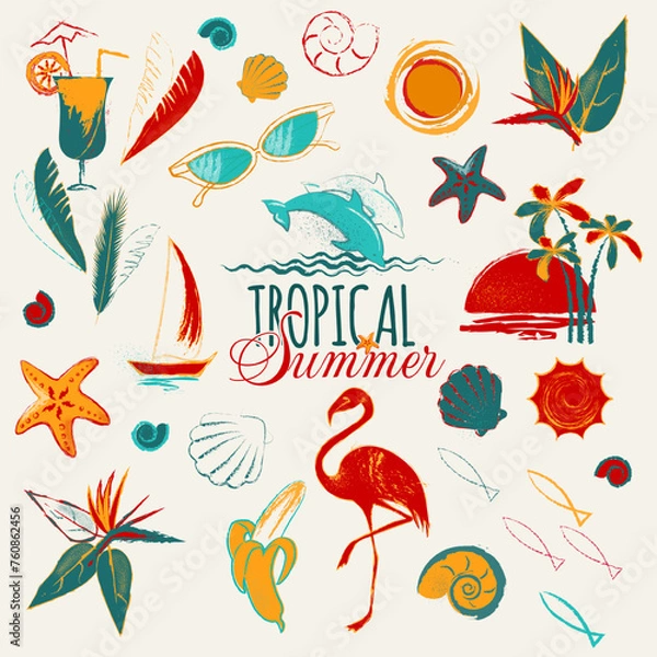 Fototapeta A set of elements of summer time. Palms, sea, sailing boat, dolphins, tropical plants, shells, flamingos.