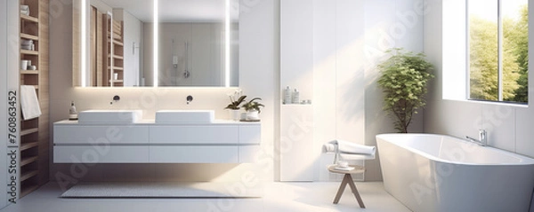 Obraz Interior of a modern bathroom of light color with a bath and an area for personal hygiene.