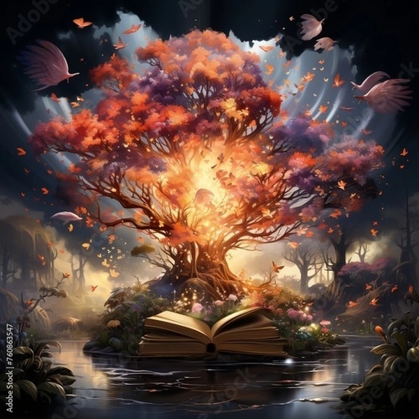 Obraz an open book with a light coming from it, in the style of whimsical fantasy creatures