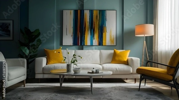 Fototapeta Well-Arranged Living Room: Modern Design Highlighted by Contrasting Furniture and Decorations