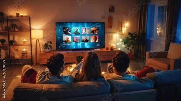 Obraz Rear view of a family watching a movie on the couch in their cozy living room, embodying leisure and togetherness.