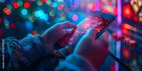 Fototapeta Gamer engrossed in online casino experience on phone with neon interface. Concept Graphic Design, Online Gaming, Casino Apps, Virtual Reality, Neon Aesthetics
