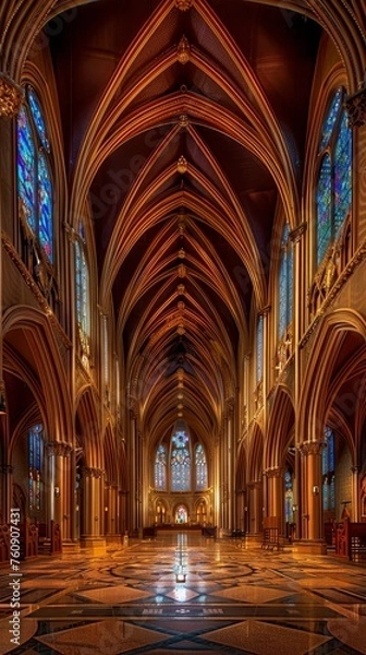 Fototapeta Gothic cathedral interior with towering arches, stained glass windows, and intricate floor patterns.