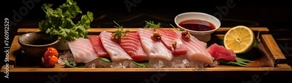 Fototapeta Elegantly presented raw Hamachi fillet and sashimi wooden background enhancing the flavors