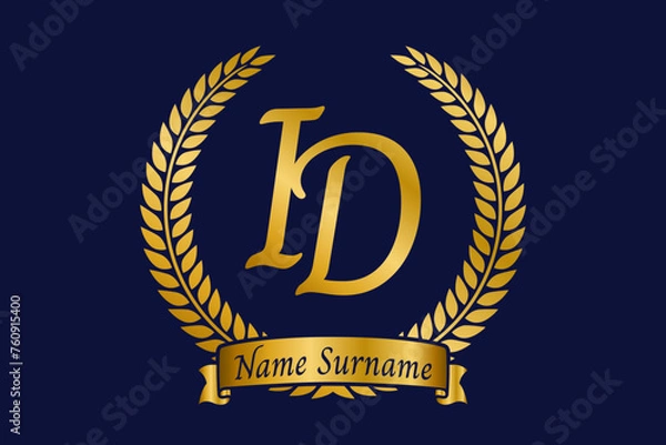 Fototapeta Initial letter I and D, ID monogram logo design with laurel wreath. Luxury golden calligraphy font.