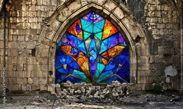 Fototapeta Geodesic stained glass window in blues, purples, greens and oranges of butterflies in the wall of a large ruined stone structure