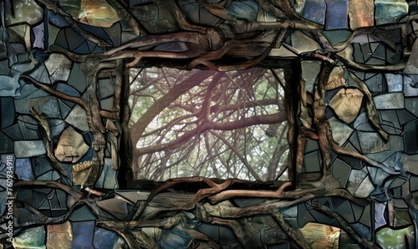Fototapeta muted colored stained glass design, matching the image. It depicts a square frame made of roots, underneath a dark forest