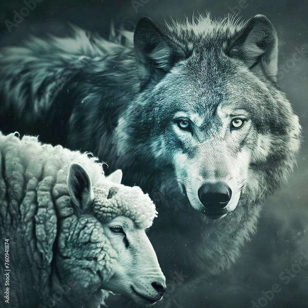 Obraz The wolf leader talks with the sheep employee, business concept illustration, the leader and the employee facing fears, hunted. 